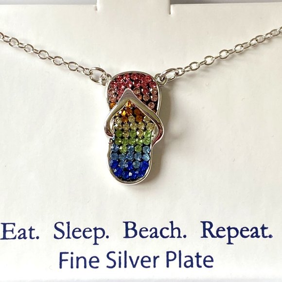 Belk Silverworks Crystal Flip Flop Silver Plated Necklace BEACH FUN - Picture 3 of 7
